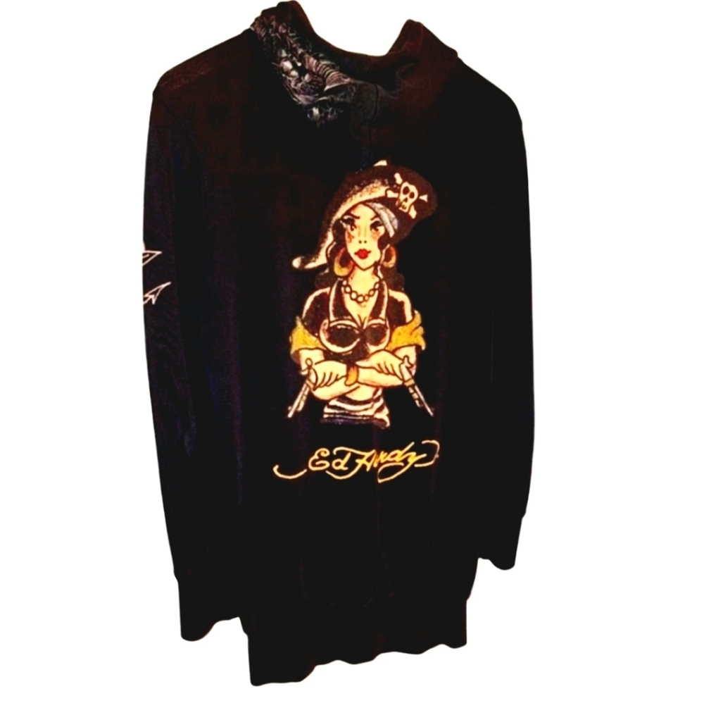 Vintage Y2K Ed Hardy Black Hoodie with Lady Pirate